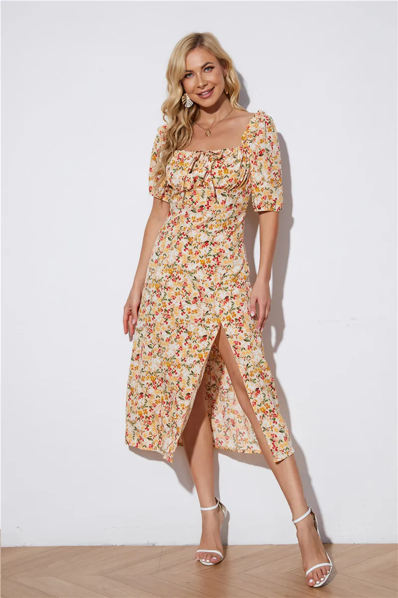 

Summer Women Print Casual Slit Long Dress Short Sleeve Elegant Sexy Party Beach Dress Women Fashion Prom Dress 3A005