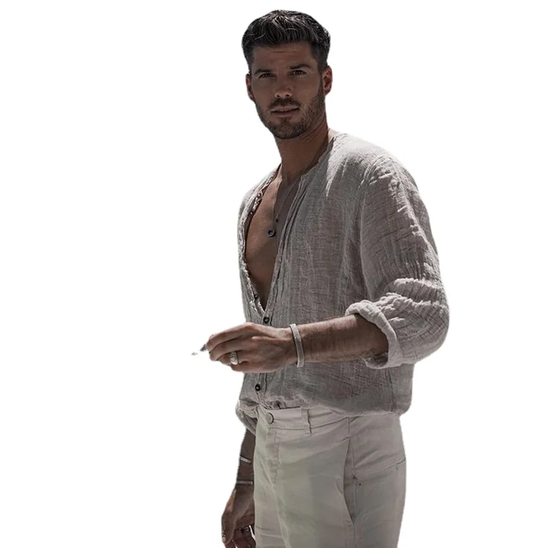 Men's Shirt Top Summer Fashion Solid Color Loose Cardigan Shirt Men's Casual Long Sleeve Single Breasted Stand Collar Shirt