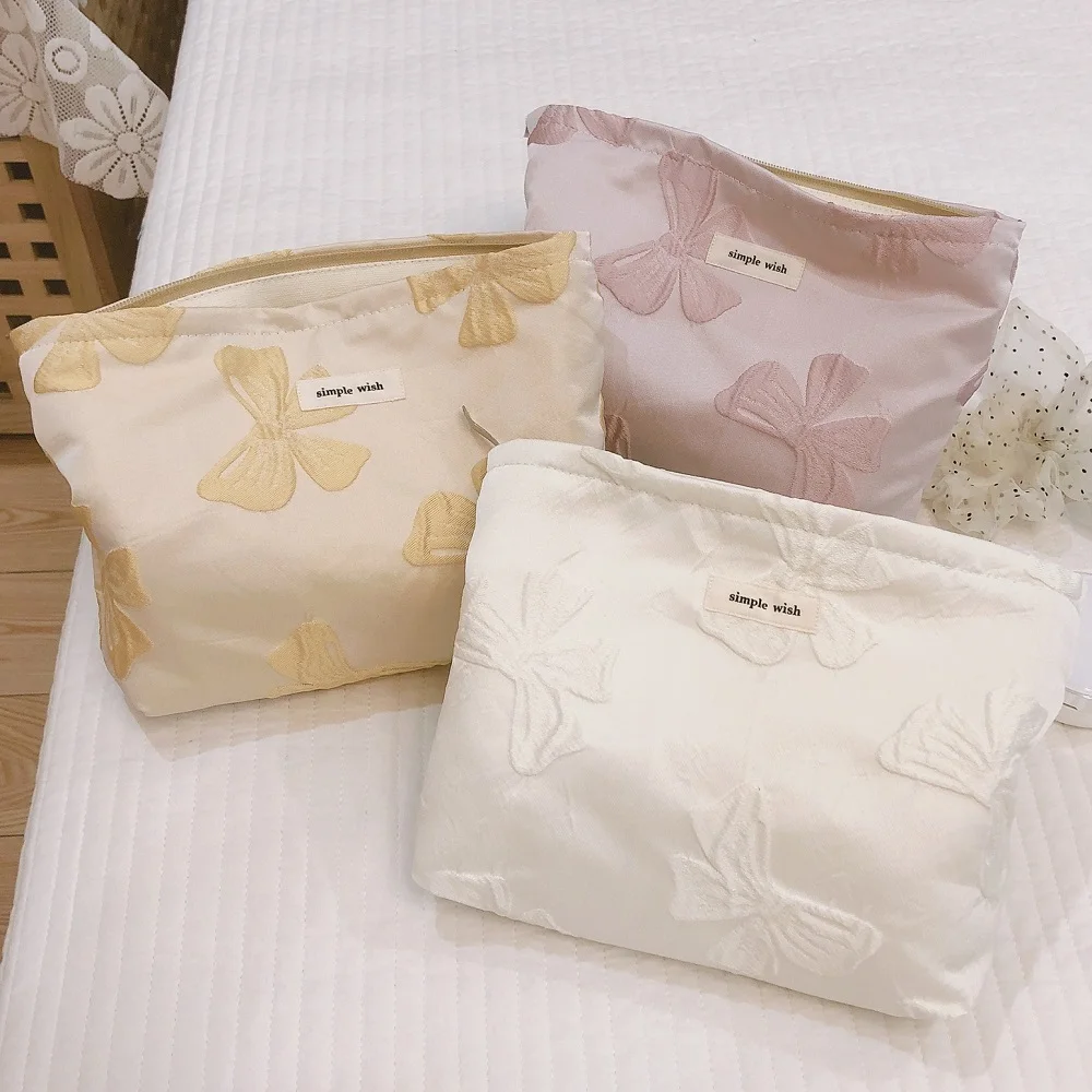 2022 Korean Kawaii Bow Women Cosmetic Bag Cute Zipper Organzier Pouch Case Bag For Makeup Cotton Vanity Bags School Teacher Gift