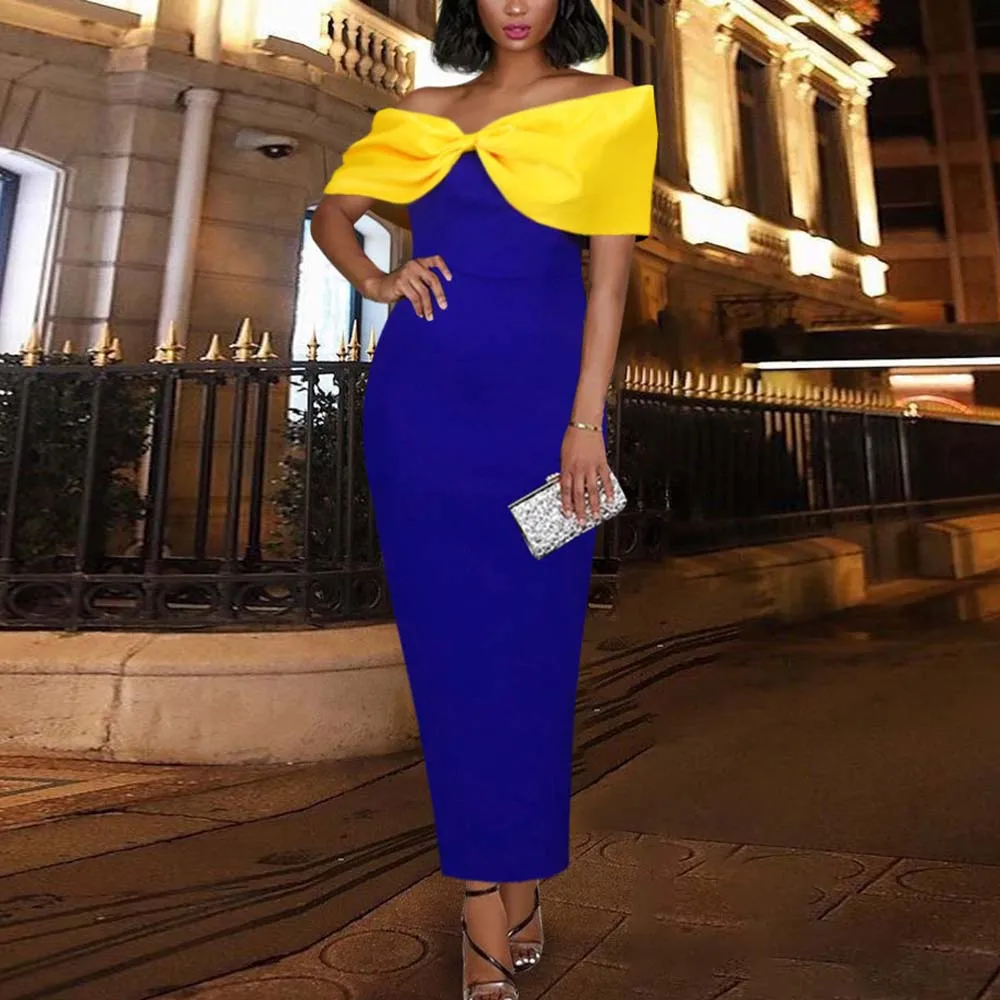 

Women's Dress Sexy Word Neck Open Back Bow Contrast Color High Waist Slim Party Banquet Dress Autumn Spring New Fashion 2022