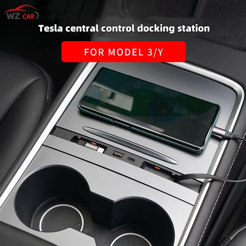 Фото Док-станция-концентратор для Tesla Model 3/Y, док-станция с центральным управлением и выдвижным кабелем, USB-порт для быстрого зарядного устройства №2