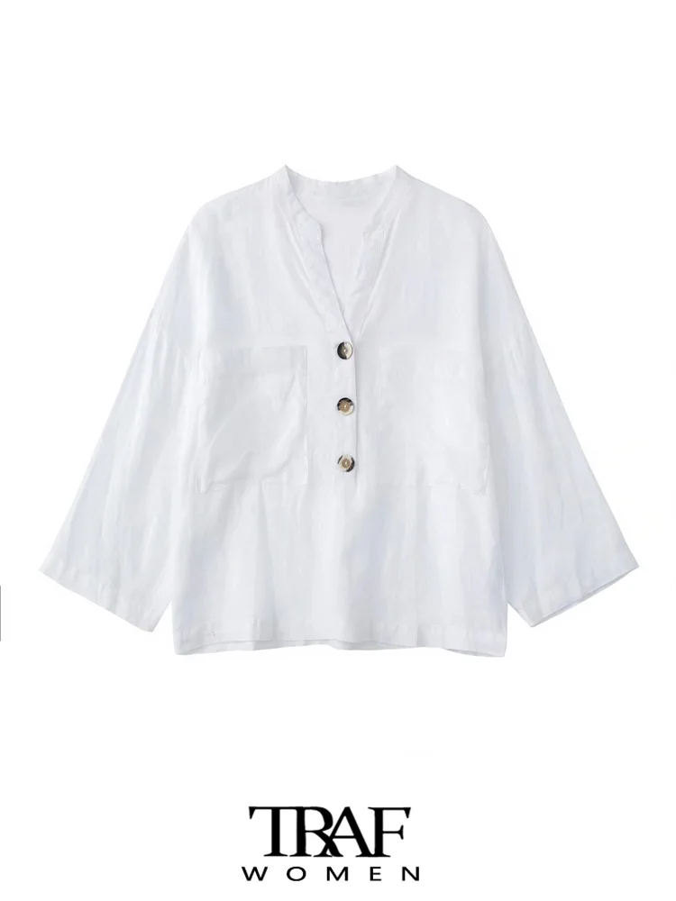 

TRAF Women Fashion With Buttons Loose Linen Blouses Vintage Long Sleeve Patch Pockets Female Shirts Blusas Chic Tops