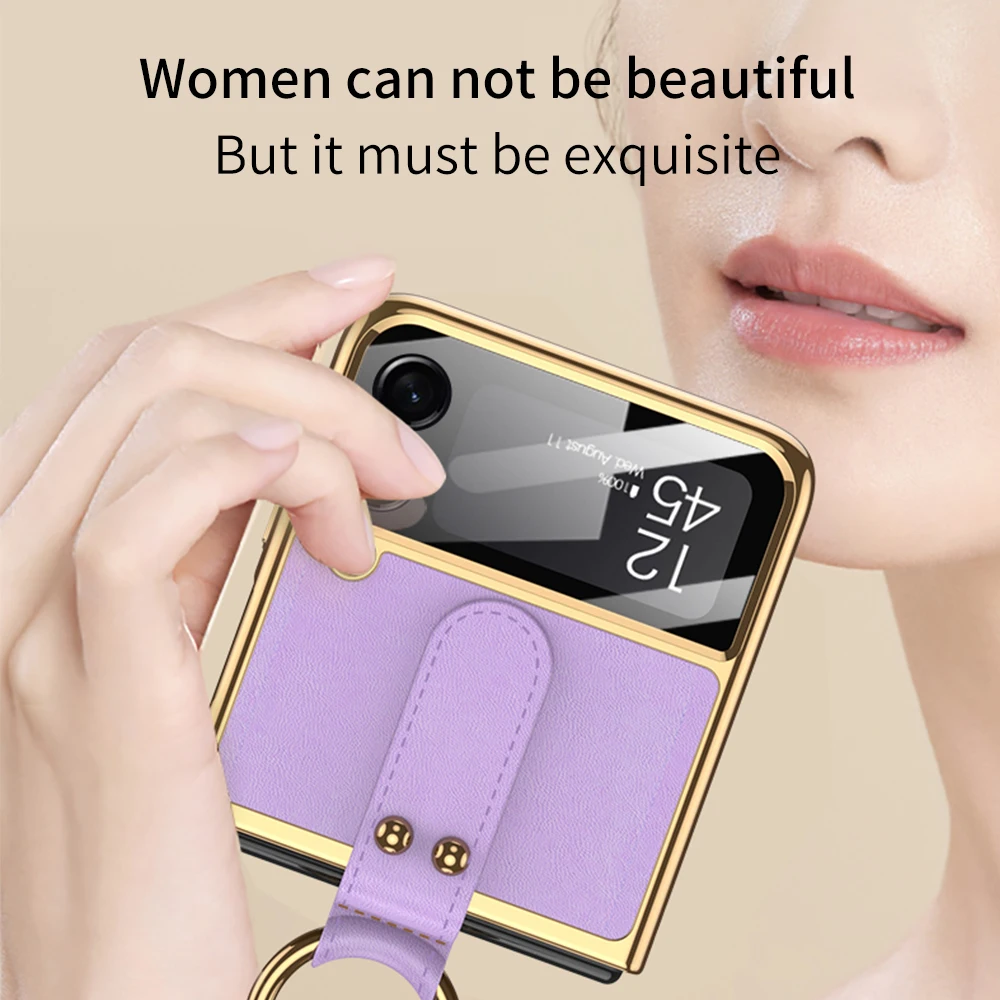 Sheepskin Leather Case for Samsung Galaxy Z Flip 3 Flip 4 Case Women Lanyard Case For Flip3 Flip4 Z flip4 6.7'' Lens Shockproof