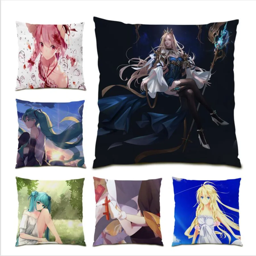 

Anime Beautiful Girl Cushion Cover 45x45 Kawaii Girl Home Decor Pillow Case Square Cartoon Poster Velvet Polyester Linen E0905