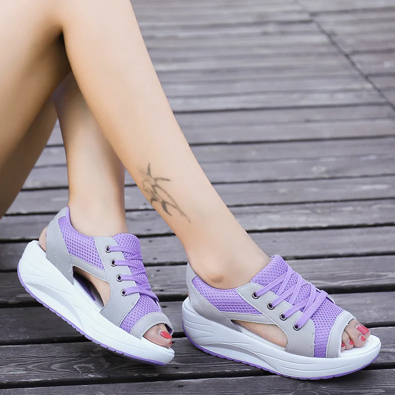 New in Sandals Women Summer Fish Mouth Open Toe Lace Up Women Sandals Fashion Breathable Mesh Casual Platform Shoes Female