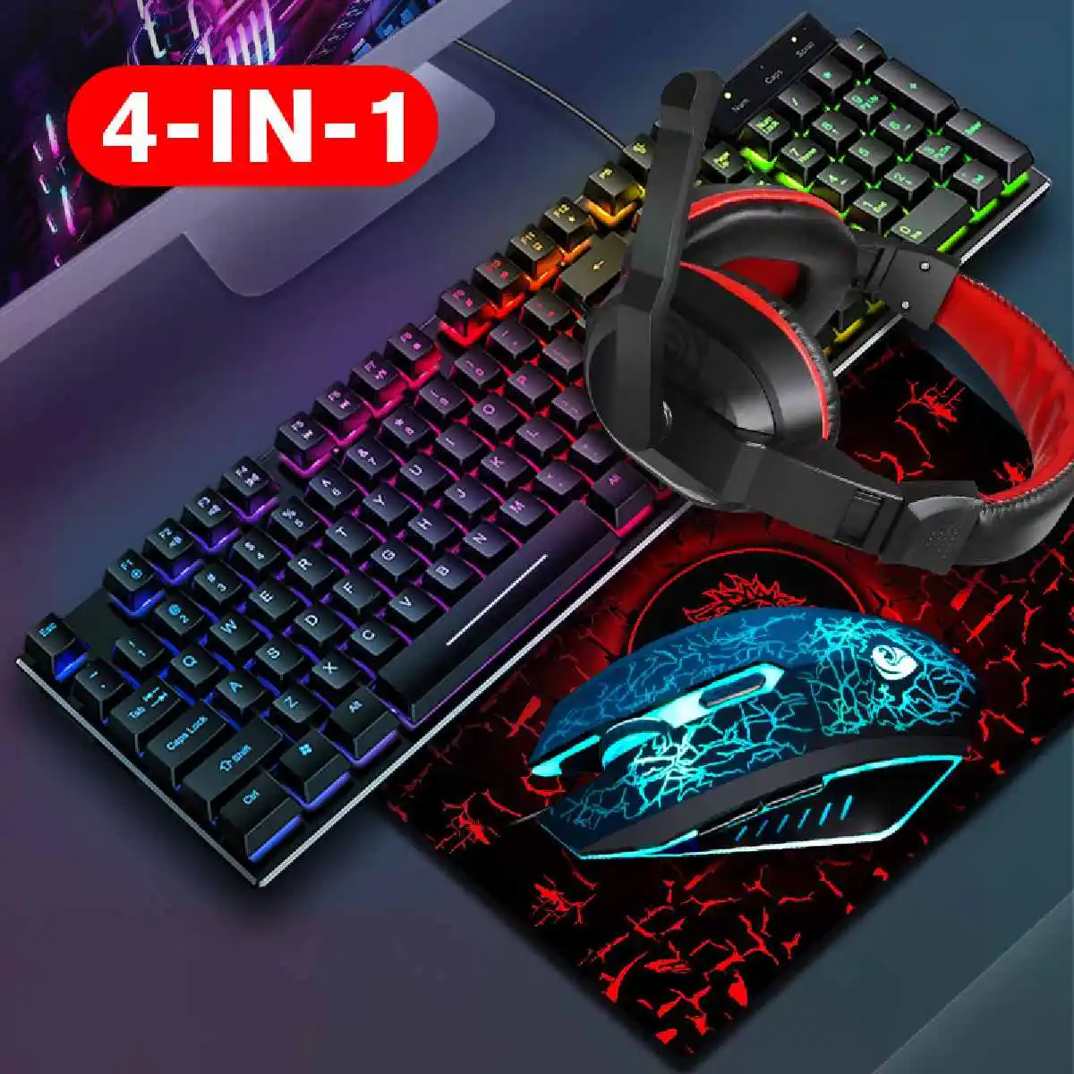 

4-in-1 Gaming Keyboard Mouse Headset Set Mechanical Feel Game 104 Keys Keyboards 3200DPI Mice Headphone Combos for PC Gamer