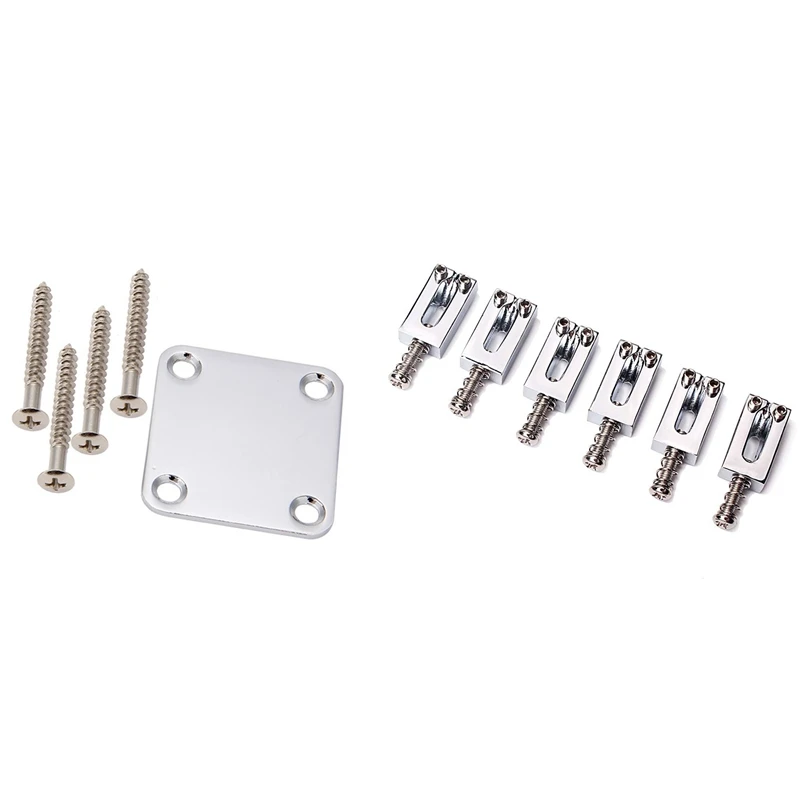 

2 Set Electric Guitar Accessories: 1 Set Neck Plate With Screws & 1 Set Bridge Saddles Flat Set