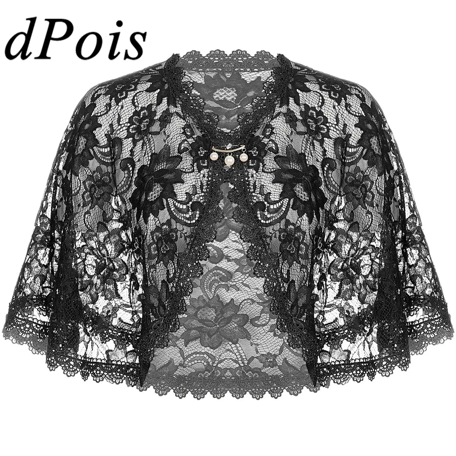 

Womens Elegant See Through Floral Lace Bolero Evening Cape Shrug Bridal Wraps for Party Dress Accessory Cover Ups Wedding Shawls