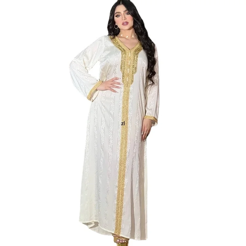 

Two Pieces Abaya Suits Satin Long Dress Rhinestone V Neck Trim Moroccan Kaftan Islamic Clothing Sets Turkish Dresses For Women