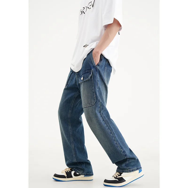 Streetwear Men Vintage Baggy Multiple Pockets Cargo Pants Versatile Temperament Straight Cylinder Jeans 2022 Winter New Female