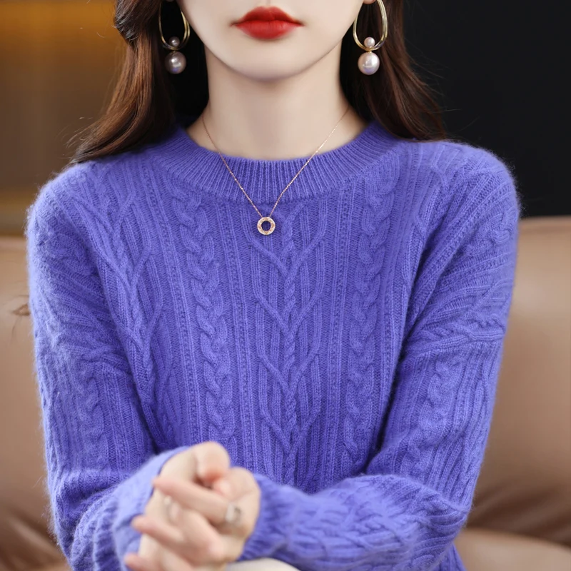 

Женский свитер с круглым вырезом, Свободный пуловер из 100 чистой шерсти, вязаный крючком свитер, Осень-зима