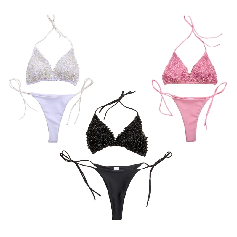 

Womens Sparkly Pearls Bathing Suit Halter Bikinis Set Tie Side Triangle Swimwear 2 Pieces Lace Up Swimsuit for Beachwear