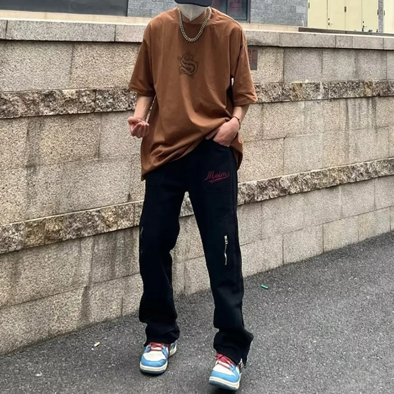 New Fashion Letter Embroidery Vintage Brown Men Cargo Jeans Pants Ankle Zipper Hip Hop Baggy Straight Denim Trousers Pantalones