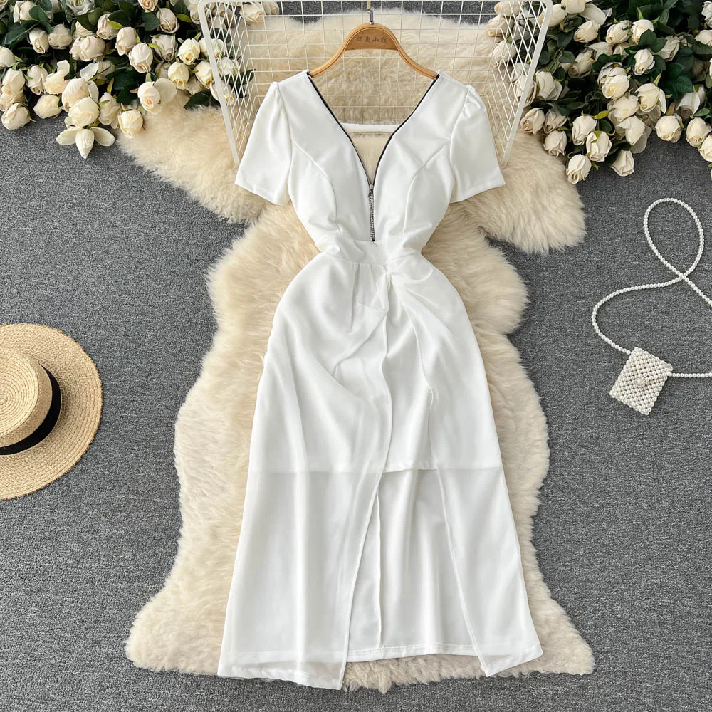 

Women's Summer New Fashion V Neck Short Sleeve White Zipper Split Dress Casual Clothes Korean Vestidos E962