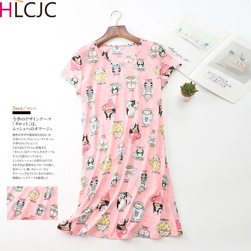 

Cartoon Night Dress Women Sleepwear Knitted Cotton Sleepshirts Ladies Nightwear Nightgowns Homewear Summer Home Dress Nighties