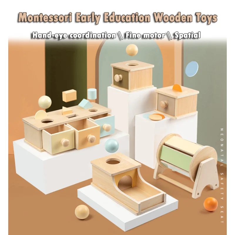 

Children Montessori Object Permanence Box Hammer Box Macaron Wooden Toys Coin Ball Textile Drum Drawer Box Kids Sensory Toys DDJ