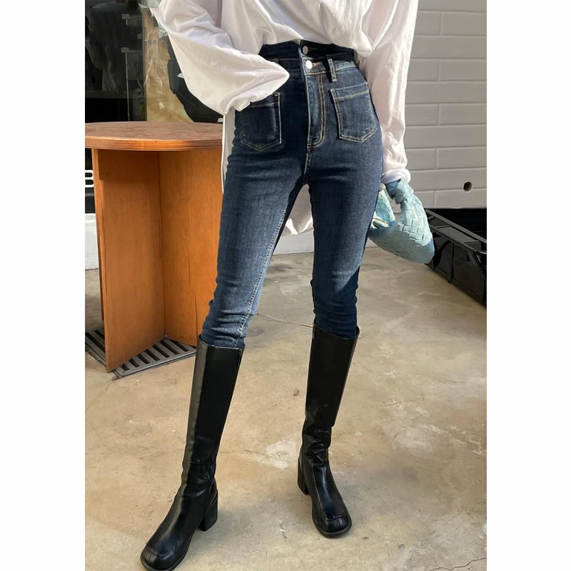 

Stylish Female Skinny Pencil Jeans High Waist Pockets Stretchy Women Denim Trousers 2022 Spring Ladies Pantalon