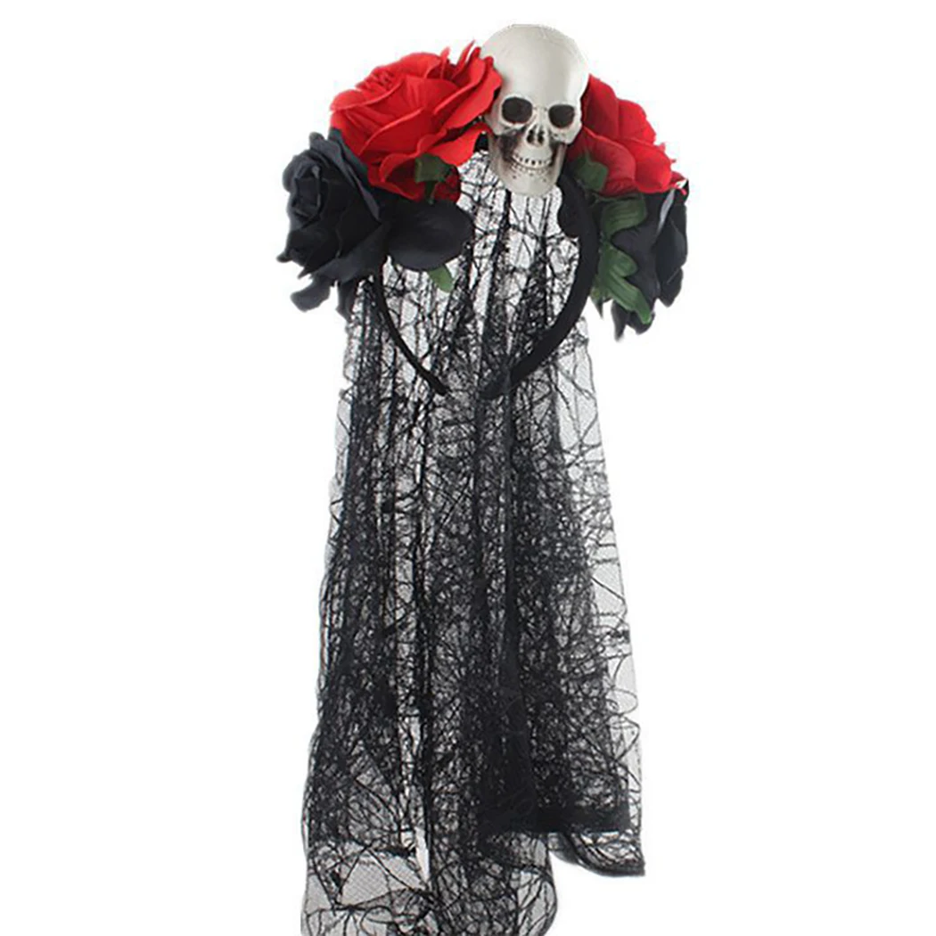 Женская головная повязка для Хэллоуина с искусственными розами, изображением черепа и черной кружевной вуалью "День мёртвых" корона для косплея.