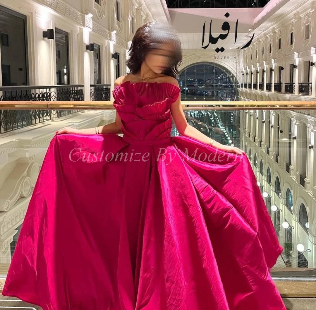 

Fuchsia Taffeta Long Prom Dresses A-Line Strapless Floor Length Saudi Arabia Evening Gowns Formal Party Dress