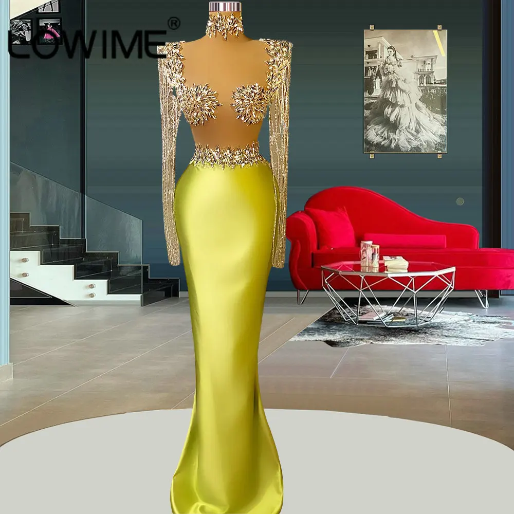 

Crystals High Neck Mermaid Evening Dresses Sexy Illusion Long Sleeve Formal Party Gowns Wedding Dinner Gowns Vestidos De Fiesta