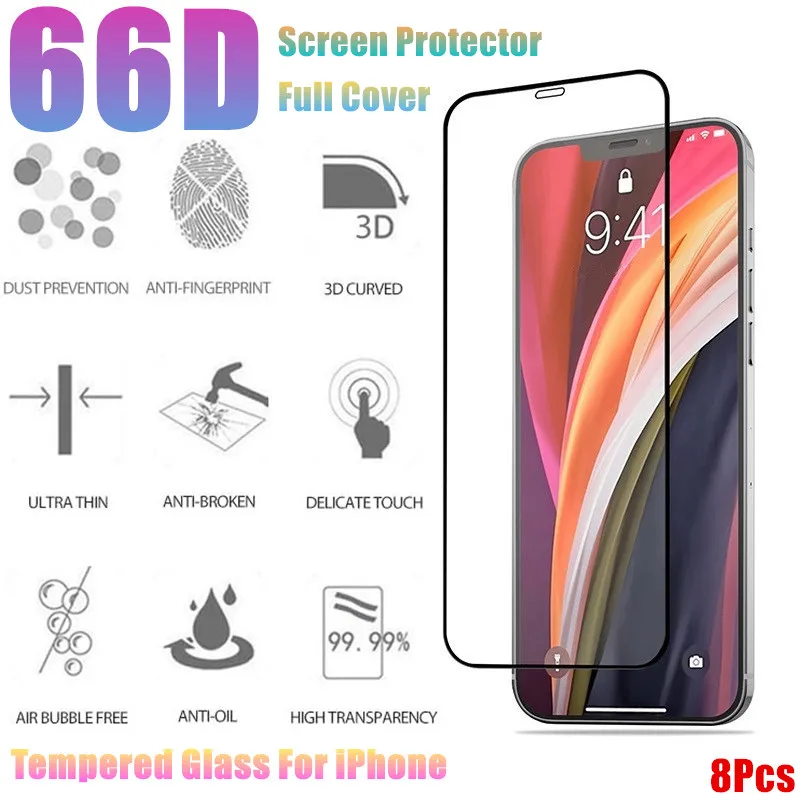 

66D Screen Protector Full Cover On the For iPhone 13 12 11 Pro Max Mini Tempered Glass For iPhone 7 8 Plus X XR XS MAX SE 2020