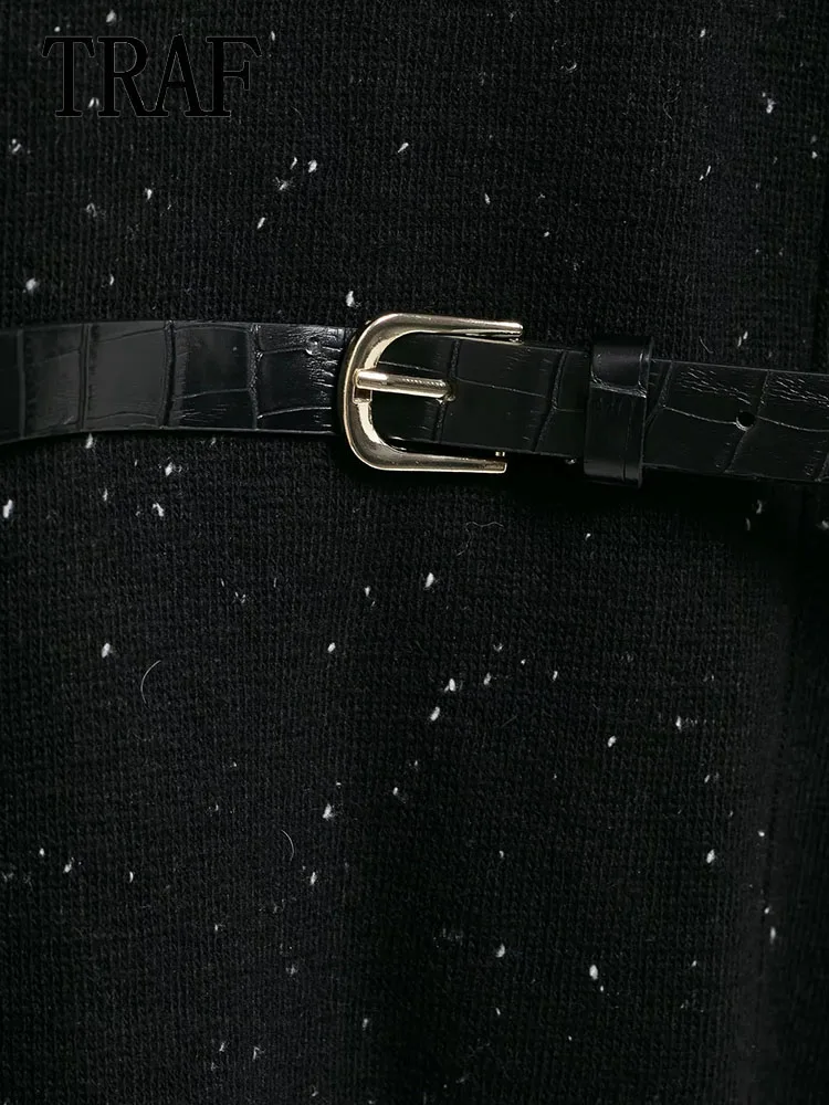 TRAF женский вязаный свитер с воротником-стойкой новый осенний декоративный пояс