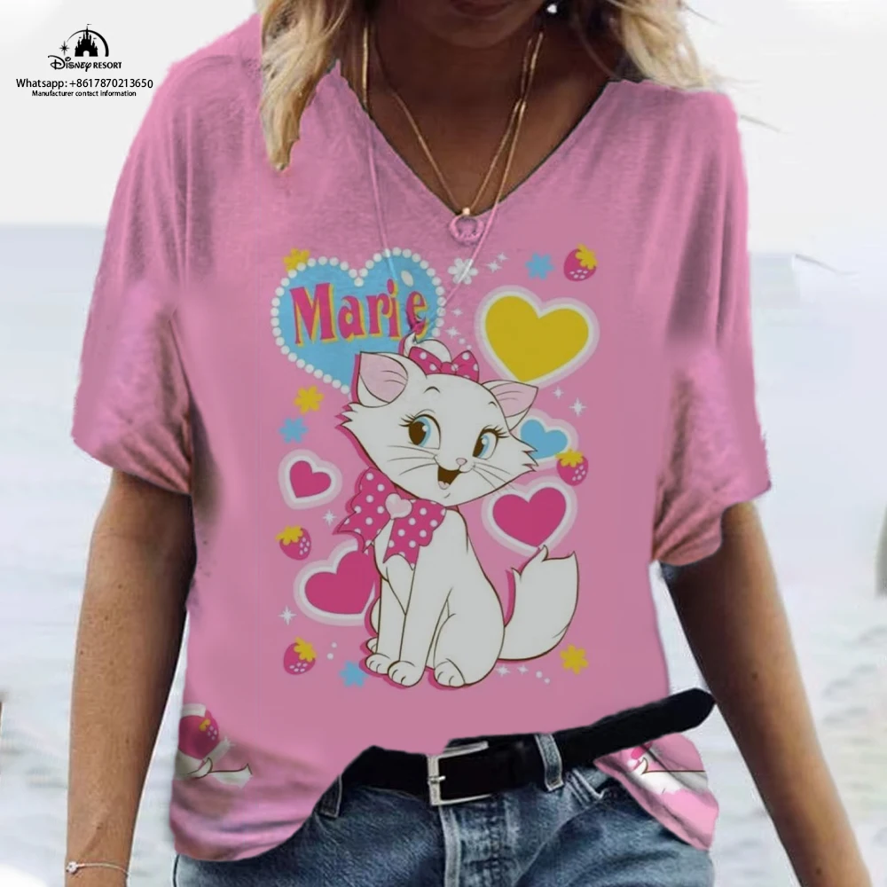 

Marie Cat Disney Cute Kawaii T-shirt Top Summer Casual Women's V-neck T-shirt Ulzzang Street Dress Harajuku Short Sleeve T-shirt