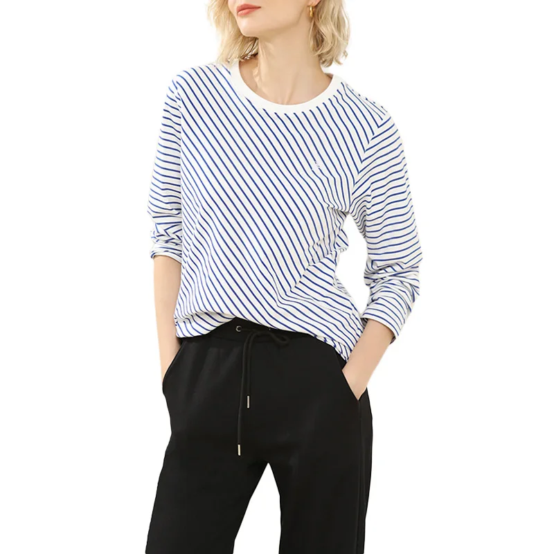 

Женская хлопковая футболка в полоску, с длинным рукавом и круглым вырезом