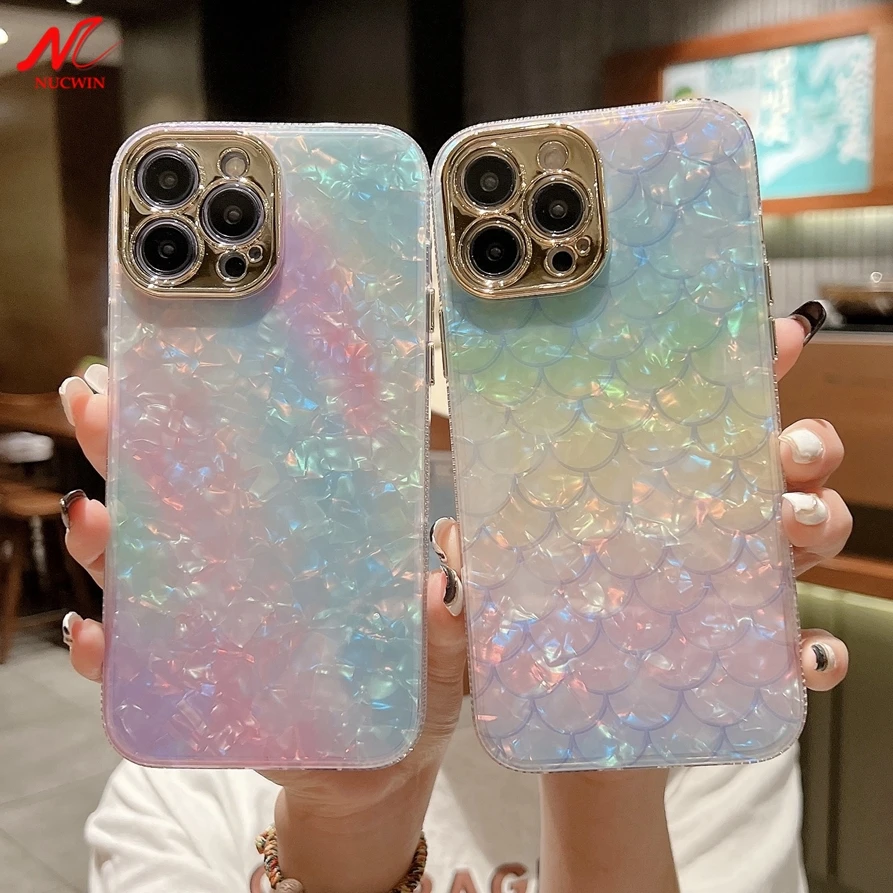 

Luxury Girl's Mermaid Case for iPhone 13 Pro Max Summer Fish Scales Aurora Laser Acrylic TPU Cover for iPhone 11 12 Pro Max