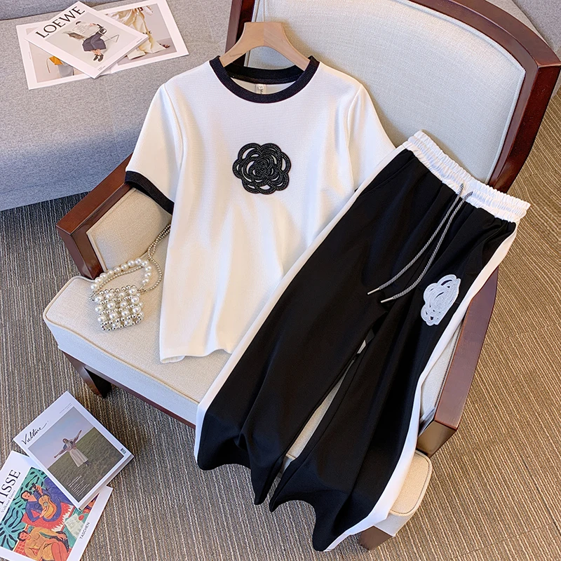 

Summer Pants Sets Womens Outfit For Women Korean Casual Ruffle Patchwork Top And Polka Dot Pants Two Piece Sets 4XL Clothes