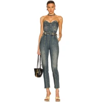 2022 spring and summer new denim tube top jumpsuit womens high quality belt decoration straight high waist slim casual jumpsuit