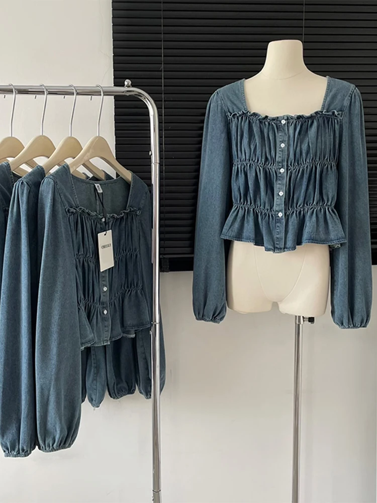 

2023 New Spring Women Korean Fashion Puff Sleeve Square Collar Shirt Denim Blouses Design Vintage Elegant Aesthetic Solid Color