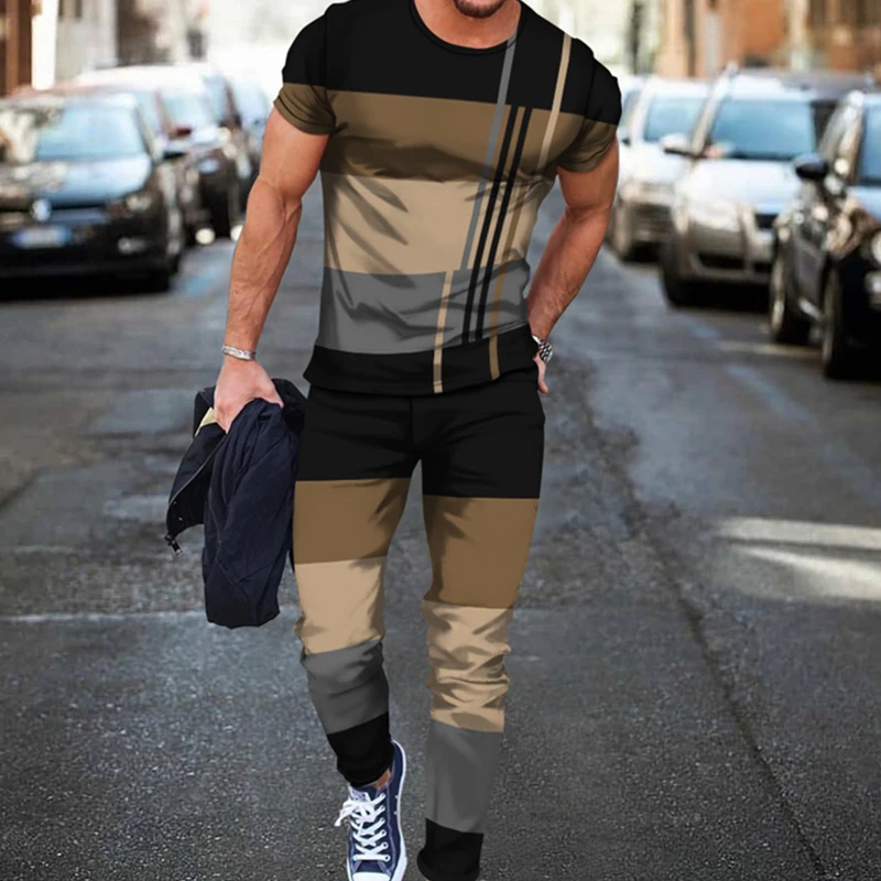 Stripe Short T Shirts Trousers Sets Long Pants 3D print Tracksuits Sportwear Suit 2 Piece Set Men Clothes T Shirt Long Pants Men