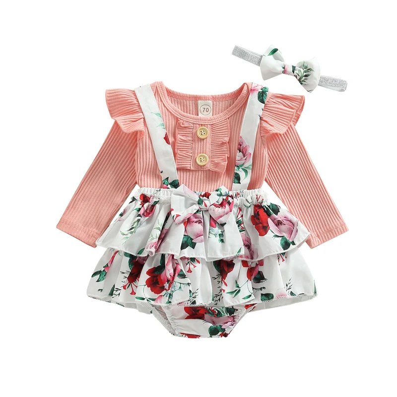 

Комплект из 3 предметов для маленьких девочек, однотонный трикотажный ребристый комбинезон с рукавами «летучая мышь», шорты на бретелях с цветочным принтом, повязка на голову, Детский комплект