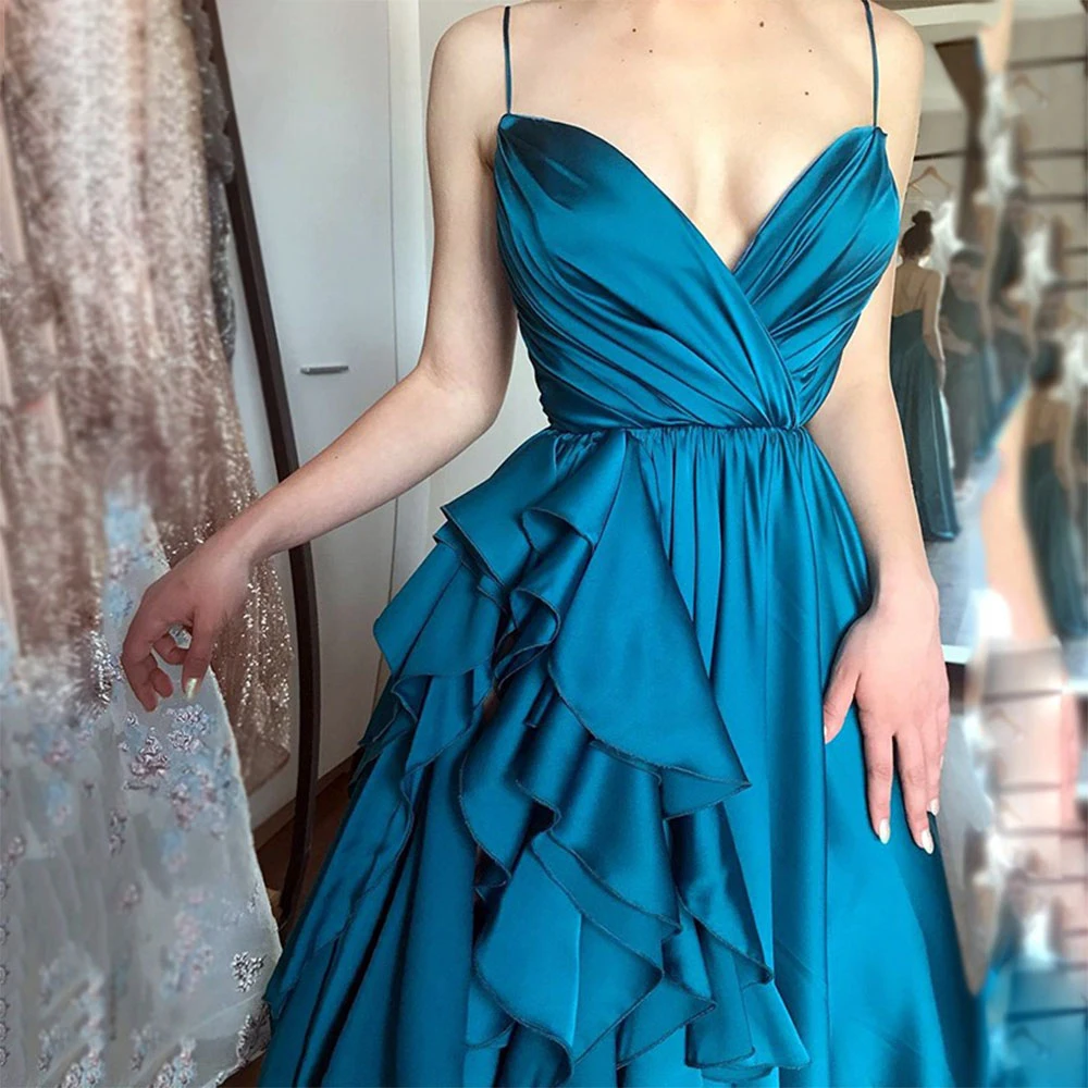 

Голубое платье с глубоким V-образным вырезом и высоким разрезом, плиссированное пушистое платье-трапеция, вечернее платье на бретелях-спаге...