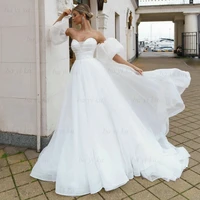 organza sweetheart elegant wedding dress 2022 new white detachable puff sleeves a line princess bride gown bayika robe de mari%c3%a9e