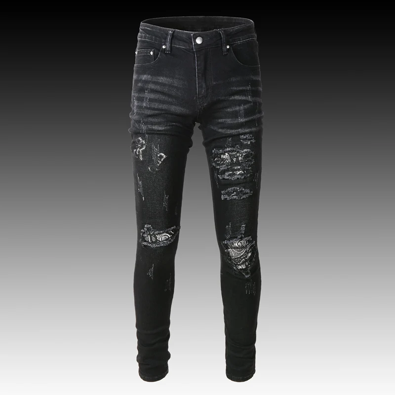 Fashion Streetwear Men Jeans Black Gray Elastic Stretch Slim Destroyed Ripped Jeans Men Brand Patch Designer Hip Hop Denim Pants