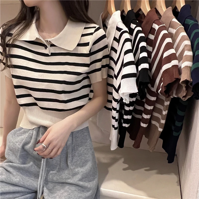 Summer Vintage Striped Polo Collar T Shirts Women's Knitted Short Sleeve Thin Cropped Tshirt Crop Top For Slim Girls