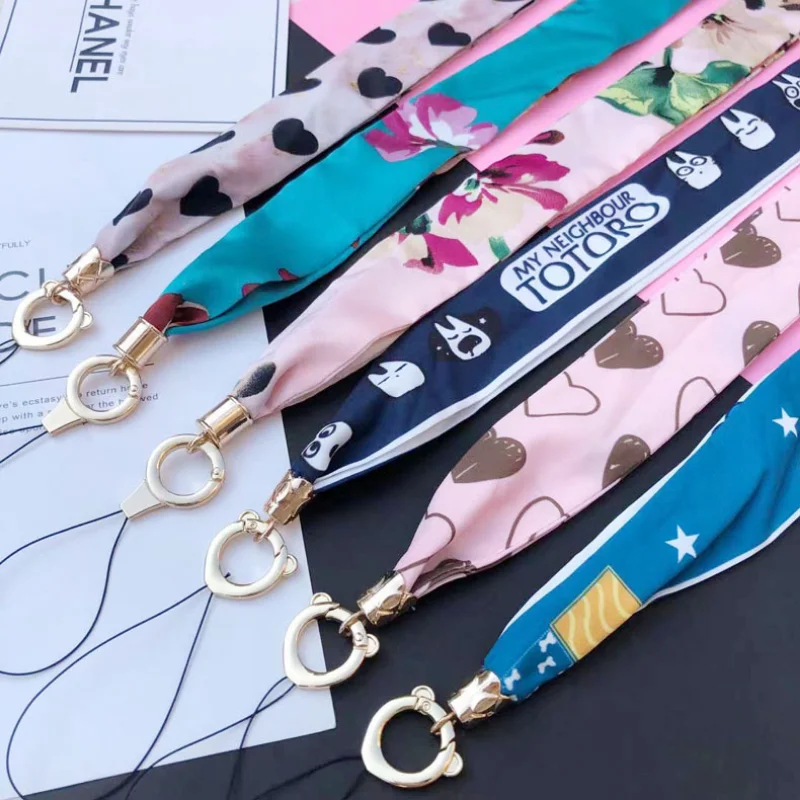 Ladies Scarf Colorful Printing Hanging Neck Strap Mobile Phone Lanyard With Keychain Metal Clip Anti-lost  Lanyard  Jewelry