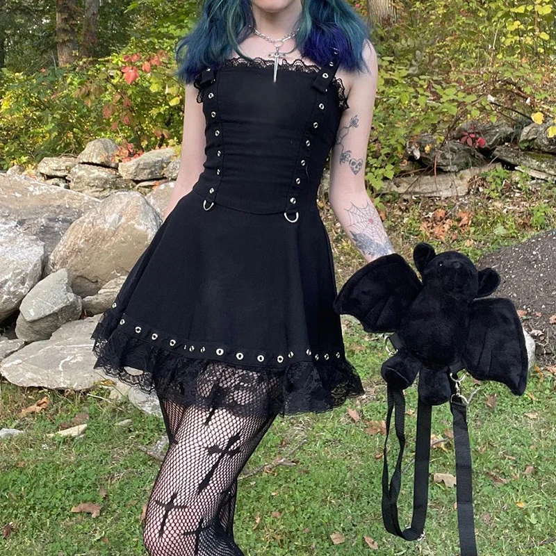 

Sweet Black Mini Dress Goth Lace Trim Cute Korean Clothes Eyelet Straps Party Dresses Women Girl Princess Dress