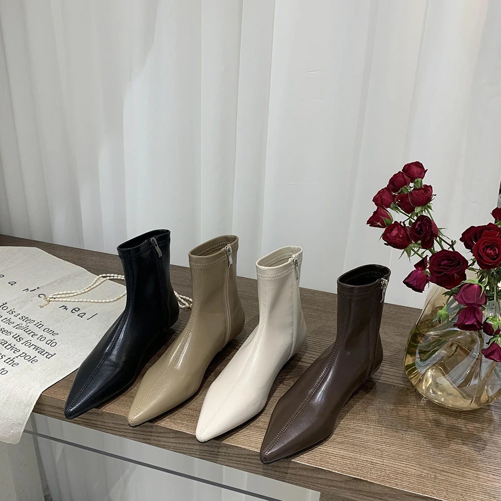 

Elegant Women Ankle Boots Pointed Toe Stretch Sock Boots Flat Low Heels Side Zipper Black/Khaki/Beige/Brown Party Winter Booties