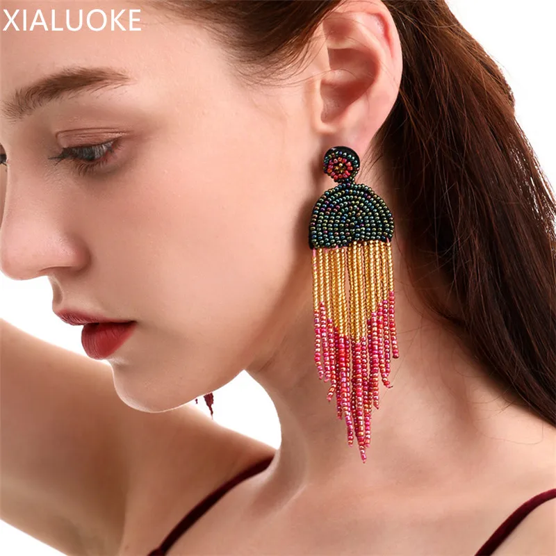 

XIALUOKE Bohemian Long Tassel Handmade Beaded Drop Earrings For Women Vintage Ethnic Color Earrings Party Holiday Jewelry