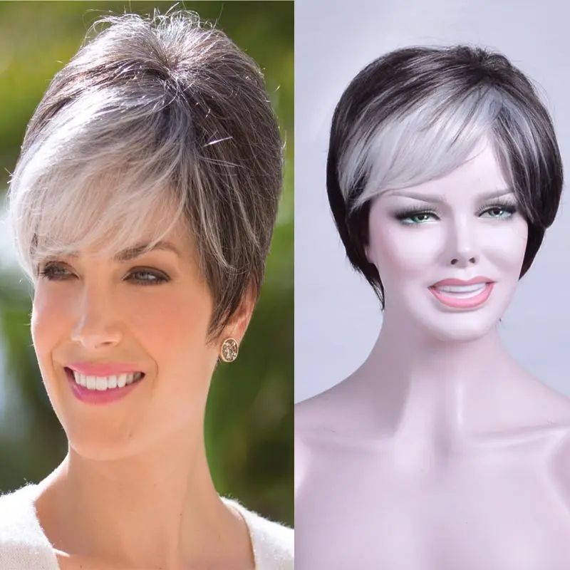 

Natural Wig with Inclined Bangs Short Pixie Cut Grey To Black Wig Heat Resistant Synthetic Hair Soft Healthy Mommy Full Wigs