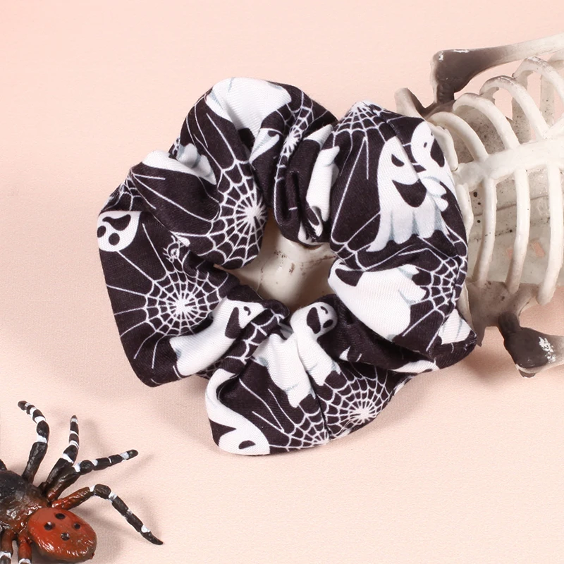 

2022 New Halloween Print Scrunchie Horror Skeleton Ghost Elastic Hair Bands DIY Handmade Ponytail Holder Women Hair Accessories