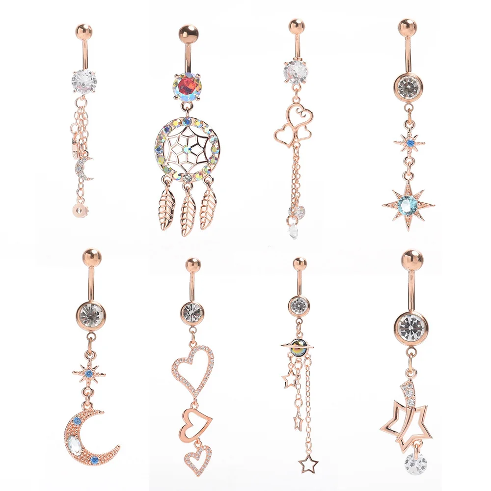 

Women Crystal Zircon Dangle Navel Rings Rose Gold Star Moon Belly Button Ring Surgical Steel Belly Piercing Ring Body Jewelry