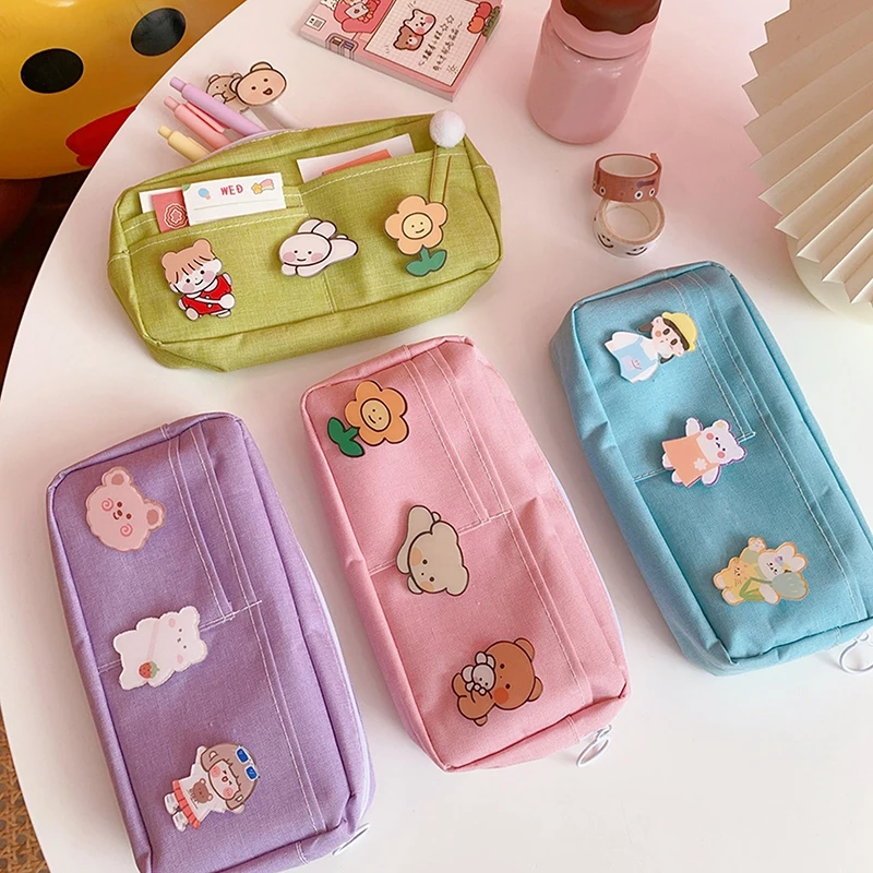

Purple Canvas Pencil Case Cute Animal Badge Pink Pencilcases Large School Pencil Bags for Maiden Girl Stationery Supplies