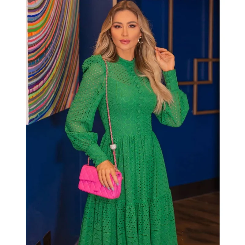 

Women Hollow Out Embroidery Long Dress With Belt Female Solid Long Sleeve Single Breasted Party Casual Vestidos Dimmer F353
