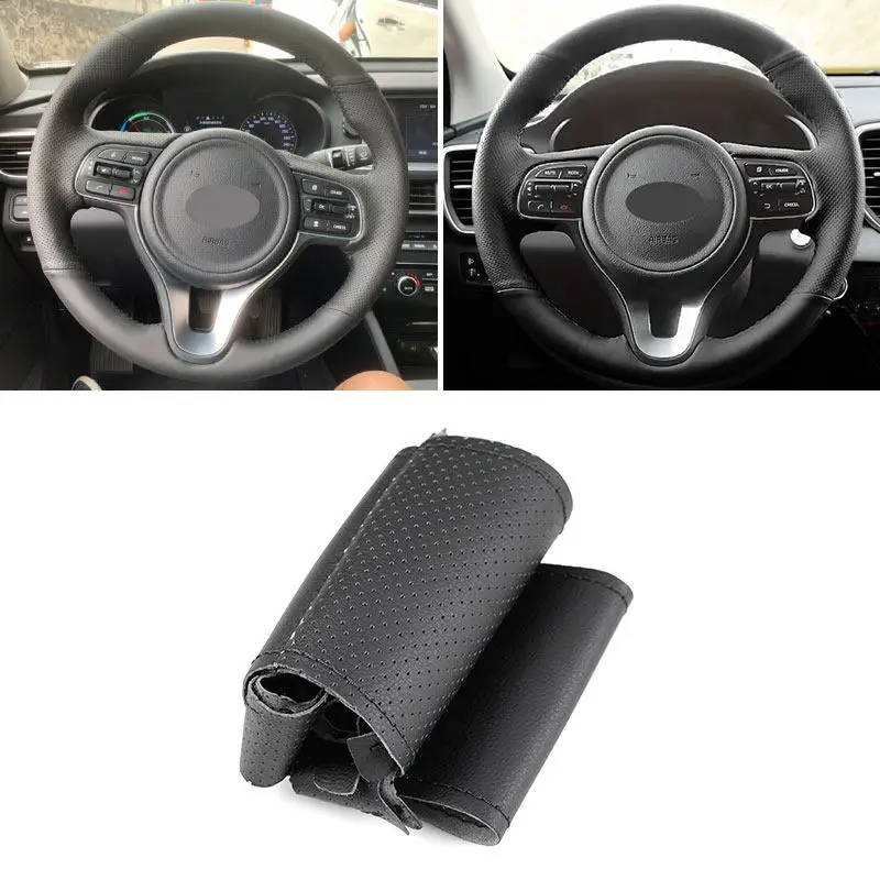 Фото Для Kia Sportage 4 KX5 K5 2016 2017, косы для рук на автомобиле, накладка на руль, черная перфорированная кожа из микрофибры №1