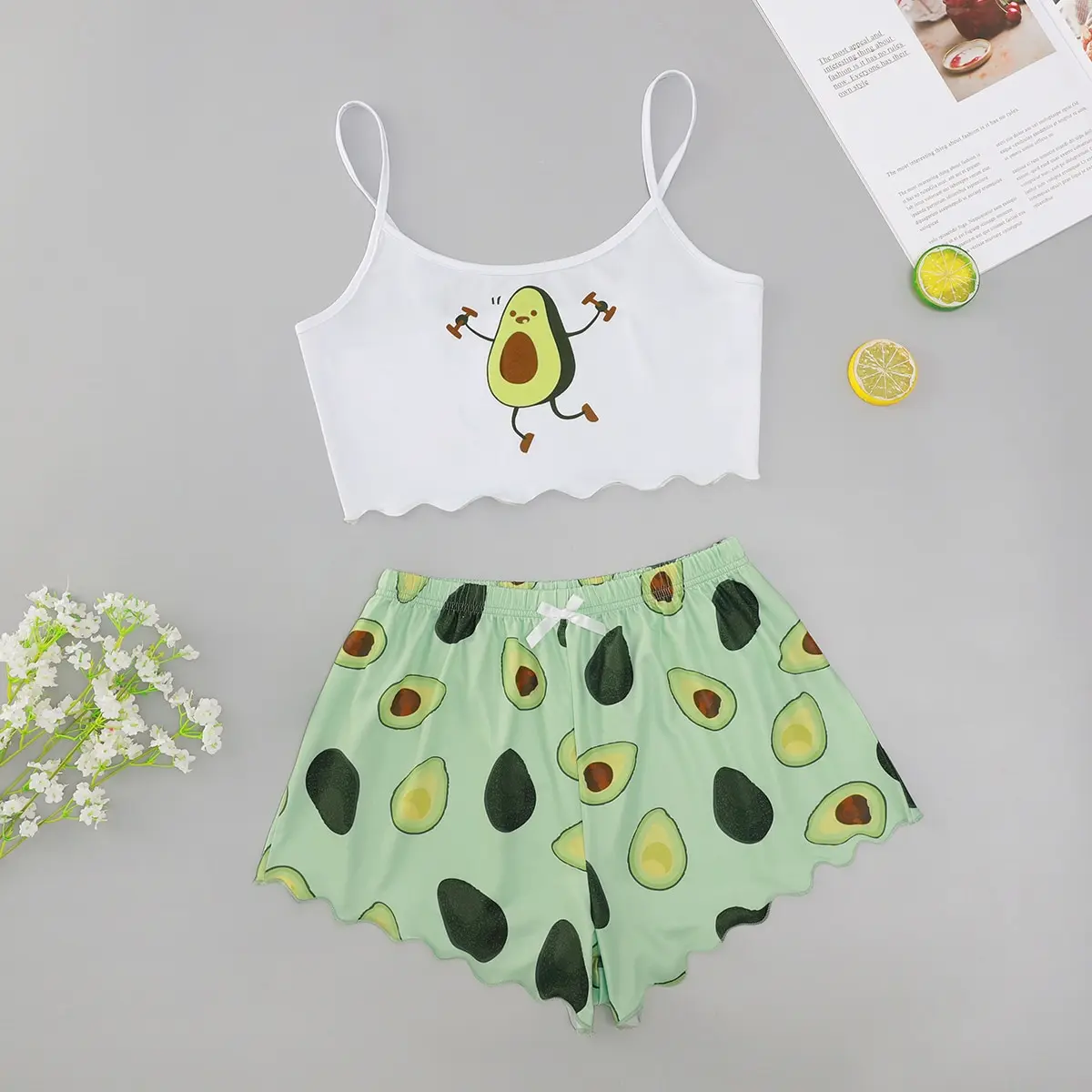 Cartoon Printed Pajamas Women's Suspender Cami Short Underwear Nightdress Set Stylish Sexy Home Women's Underwear Nightdress Set