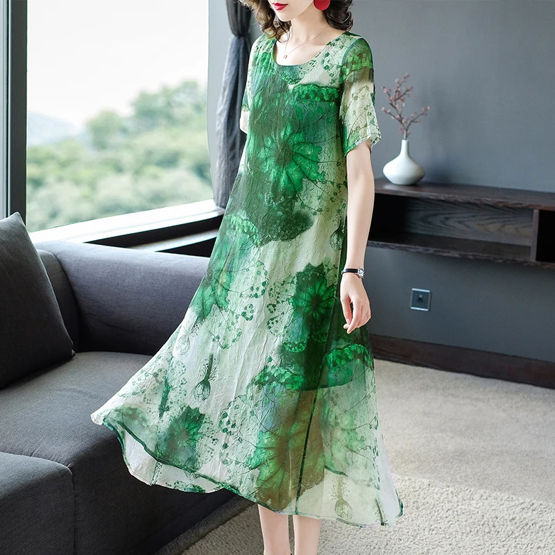 

Женское летнее платье COIGARSAM, новинка 2022, свободные зеленые платья с коротким рукавом и принтом, Прямая поставка